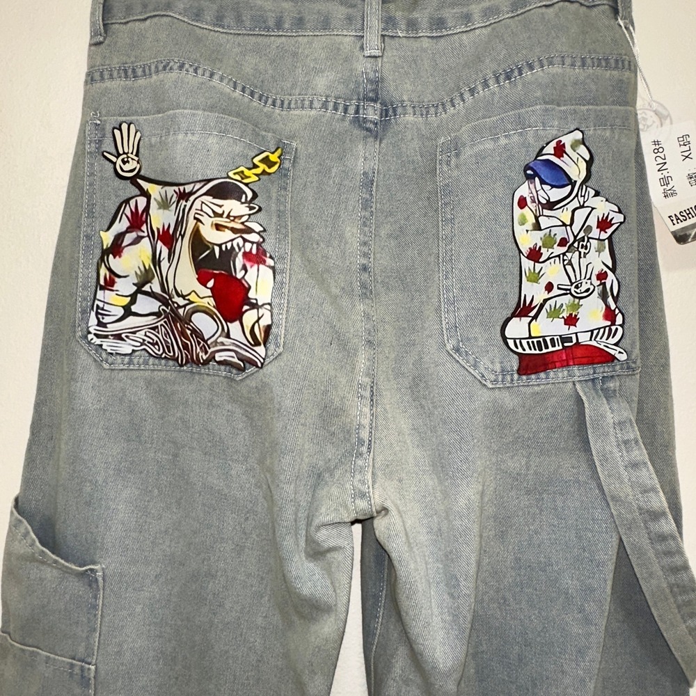 Fashion Jeans Graphic Wide Leg Carpenter Pants Womens XL 32 Blue NEW Streetwear
